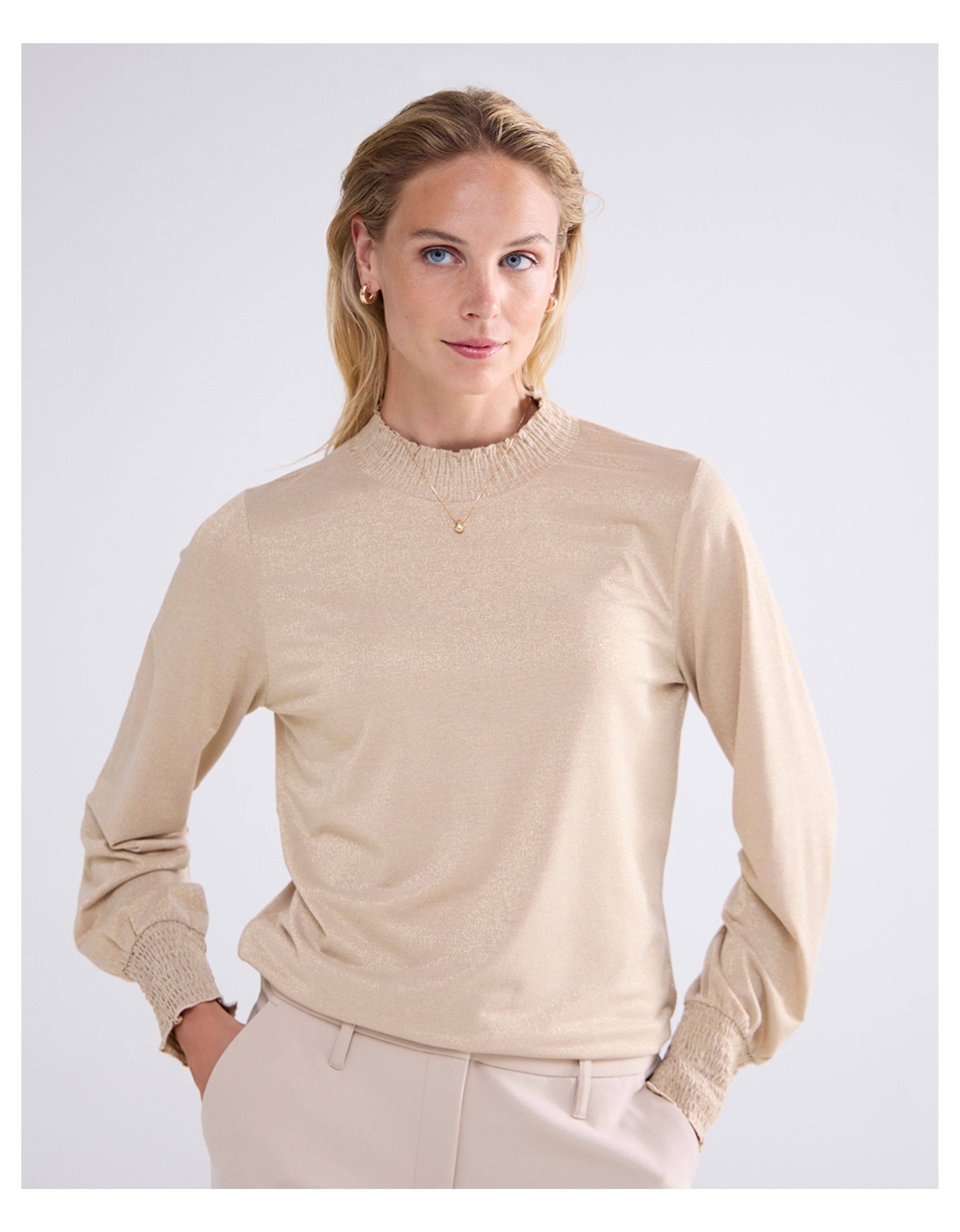 Summum Smocked Top Fine Lurex Jersey Tops Beige 3s5009-30644